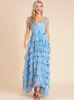 Lässige Kleider LINDA DELLA Sommer Boho Strand Maxikleid Damen Spaghettiträger Cascading Rüschen Blumendruck Langes blaues UrlaubskleidCa