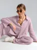 Womens Sleepwear Hiloc Blue Long Sleeve Pajamas For Women Fashion Single Breasted Loose Pants Set Casual Lapel Pink Womens Winter Clothes 230228