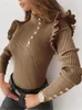 T-shirt da donna T-shirt dolcevita moda donna T-shirt a costine Autunno Inverno Bottoni Volant Manica lunga Elegante aderente Solido Abbigliamento donna