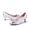 Dress Shoes 2023 White Pu Leather Thin High Heels Large Size Rhinestone Pointy Toe Bridesmaid Shoe Wedding 34-43 H0078