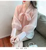Kvinnors blusar Spring Lace Up Bowtie Organza Top French Style Glossy Lantern Sleeve Women's Shirt High Quality Plus Size Blusa blusa