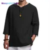 T-shirt da uomo Camicia da uomo nuova Taglie forti Top solidi Pullover Scollo a V Top allentato Vacanze estive Spiaggia Casual Manica a tre quarti Lino uomo Top 022223H