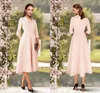 A-Line Mother of the Bride Dress Blush Wedding Guest Party Gowns Elegant Sweet Scoop Tea Length 3/4 Sleeve Satin Robe De Soiree