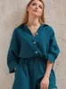 Damen Zweiteilige Hose GCAROL Frühling Sommer Frauen Baumwolle Single Button Shirt und elastische Taille Shorts 2 Stück Sets Umlegekragen Casual Streetwear Top 230228