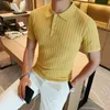 Polos masculinos de estilo britânico camisas de pólo masculino tricotando camisas de manga curta