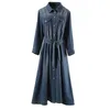 2023 Spring Blue Solid Color Belted Denim Dress 3/4 Sleeve Lapel Neck Double Pockets Single-Breasted Casual Dresses S3F280224 Plus Size XXL