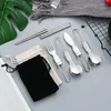 Dinnerware Sets 5PC Portable Folding 304 Stainless Steel Outdoor Camping Flatware Set Fork Knife Hiking Equipment With Cloth Bag