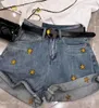 Damen-Shorts, besticktes Pentagramm, Denim, Damen, Sommer, hohe Taille, lockeres, breites Bein, Crimp-Jeans Q284