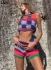 Womens Two Piece Pants Kliou Knitted MultiColor Stitching Shorts Two Piece Set Women Outfits Slim Oneck Tops TankMini Pants Girl Casual Crochet Suit 230227