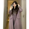 Misturas de lã feminina misturas de lã feminina outono e inverno roxo casual solto casaco versão coreana hepburn médio longo lã 230227