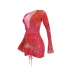 女性のカジュアルドレスセクシーなメッシュドレスを見るディープvネックプリントフレアスリーブボディコンパーティークラブミニドレス