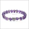 Kościkowe wewnętrzne pokój Healing Healing Amethyst Stone Sowa Bransoletka ręczna 8 mm Energy Beads Purple Kamień Sier dla kobiet i mężczyzn Dhpwm