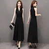 Sıradan Elbiseler Siyah Şifon Elbise Kadın Yaz Bel İnce 2023 Uzun Bölüm V yakalı Strapless Seksi Yular