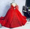 2023 Red Luxurious Tutu Flower Girl Dresses Lace Beaded Ball Gown Sheer Neck Tulle Lilttle Kids Birthday Pageant Weddding Gowns E0228