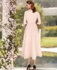 A-Line Mother of the Bride Dress Blush Wedding Guest Party Gowns Elegant Sweet Scoop Tea Length 3/4 Sleeve Satin Robe De Soiree