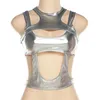 Metallic Crop Top för Dam Tank Shiny Ärmlös Cut Out Party Clubwear Holographic Camis Silver S M L