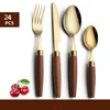 Dinnerware Sets 24/16pcs Natural Wood Handle Tableware Set Stainless Steel Flatware Knife Fork Spoon Gold Cutlery Dinner Dishwasher Safe