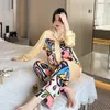 Kadın Placeswear Qsrocio Yüksek Kaliteli Kadın Pijamaları Set Soyut Sanat Sijimet İpek Homewear V Boyun Giyim Nightgown 230228