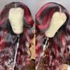 lunga parrucca rossa evidenziata capelli umani 13x4 parrucca anteriore in pizzo onda del corpo ombre rosso con parrucche sintetiche colorate nere pre pizzicate