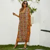 Etnische kleding Abaya Dubai Moslimjurk Vrouwen 2023 Zomer V Hals Korte mouw Retro printen Vintage losse plus maat Islamitisch