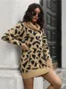 Casual Dresses Fashion Pile Collar Leopard Knitted Dress For Women 2023 Full Sleeve Autumn Winter Ladies Short Knit Sweater