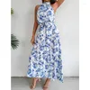 Casual Dresses Summer Beach Dress Women Floral Print Tie-up Halter Neck Backless High midja Lång sundress Party Holiday Clothing Kvinna