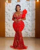 아랍어 2023 ASO EBI Mermaid Red Prom Dresses Crystals Beaded Evening Formal Party Second Reception Exection Gowns Dress ZJ777