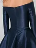Marinblå kort prom klänning knä längd lång ärm från axel satin formell fest cocktail klänningar mantel soiree vestidos de fiesta 2023