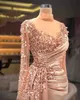 Prom Party Gown New Evening Dresses Plus Size Formal Floor-Length Custom Applique Illusion Long Sleeve High Neck Beaded Mermaid Satin Sequins