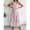 Casual Dresses Summer Beach Dress Women Floral Print Tie-up Halter Neck Backless High midja Lång sundress Party Holiday Clothing Kvinna