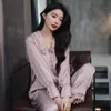 Womens Sleepwear Lisacmvpnel Lace Sexy Pajamas Womens Thin Thines Sexy Sexy Long Sleeve Ice Silk Long Long Twopiece Pajamas 230228