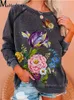 Womens Two Piece Pants Autumn Flower Long Sleeve Oneck Tops för Fashion Casual Loose Splice Cotton Ladies Pullover Sweatshirt 230227