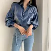 Women's Blouses Shirts ZANZEA Gradient Color Shirts Womens Fashion Bright Blouse Female Elegant Lapel Button Blusa Casual Puff Sleeve Top Oversize 230228