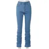 Jeans da donna 2023 pantaloni impilati in denim blu con arricciatura alta pantaloni autunnali abbigliamento donna streetwear moda pantaloni con tasche skinny