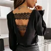 Damenblusen, lässige Bluse für Damen, Sommer, langärmelig, elegante Damenoberteile, V-Ausschnitt, offener Rücken, Spitze, Ausschnitt, Frühling und Herbst, Streetwear-Kleidung