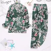 Dames slaapkleding herfst winter print patroon vrouwen pyjama set satijn zijden turndown kraag pyjama pyjama's lange mouw broek twee papierpak 230228