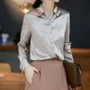 Women's Blouses Shirts Spring Summer Office Lady Solid Long Sleeve Satin Shirt Female Simple All-match Polo-neck Temperament Blouse Top Women Cardigan 230228