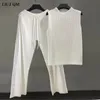 Kadınlar İki Parçalı Pantolon Yaz Kore Moda Ağır Endüstri Sondaj Yeleği Örme Topcasual Geniş Bacak Pantolon İki Parça Set Terzini Kadınlar 230228