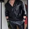 Men's Tracksuits Men's PU leather glossy Wetlook jacket hoodie jogging suit sportswear Z0224