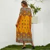 Etnische kleding Abaya Dubai Moslimjurk Vrouwen 2023 Zomer V Hals Korte mouw Retro printen Vintage losse plus maat Islamitisch