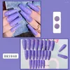 False Nails 24pcs Long Ballerina French Shining Blue Glitter Gold Lines 3D Embossed Nials Press On Full Cover