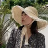 Wide Brim Hats OMEA Summer Straw Hat Lace Beach Hats Women Korean Windproof Rope Travel Wide Brim Sun Hat Elegant Lolita Bucket Hat Holiday G230227