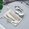 Dinnerware Sets 5PC Portable Folding 304 Stainless Steel Outdoor Camping Flatware Set Fork Knife Hiking Equipment With Cloth Bag