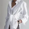 Damespolo's vrouwen stijlvol veter bovenaan asymmetrische blouse casual lange mouw chemise vrouwelijke knop werk tuniek