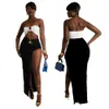 Two Piece Dress Women Skirt Suit Summer Two Piece Set Solid Strapless Sleeveless Tank Top High Slit Maxi Skirts Outfit Party Club Matching Set 230228