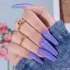 False Nails 24pcs Long Ballerina French Shining Blue Glitter Gold Lines 3D Embossed Nials Press On Full Cover