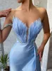 Casual Dresses Blue Evening Dress 2023 V-Neck Side Split Sexy Prom Gowns Feathers Crystal Satin Mermaid Elegant Women For Wedding Party