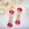 Boucles D'oreilles De Luxe Plaqué Or Fête Pleine De Zircons Double Imitation Tourmaline Rouge Célébrité Tenue De Soirée Femme