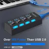 USB Hub 3.0 스플리터, 4/7 포트 다중 확장기 2.0USB 데이터 개별 ON/OFF 스위치 조명 노트북, PC, 컴퓨터, 모바일 HDD, 플래시 드라이브