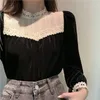 Kadın bluzları Siyah Kadın Giysileri Dantel Kadife Üstler Moda Koreli Vintage Gömlek Blusas Mujer de Moda Zarif Stand Boyun İnce